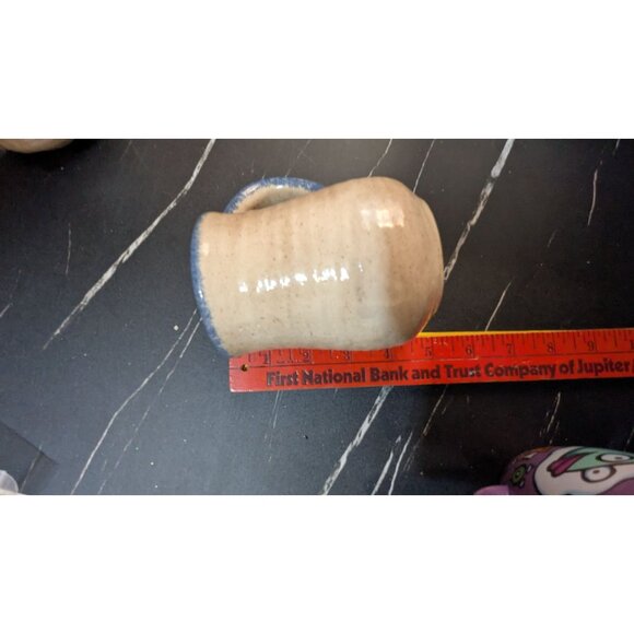 Handmade Stoneware Pottery Mugs Pair Red Heart Blue Trim Rustic Kitchen BW92 - Picture 5 of 7